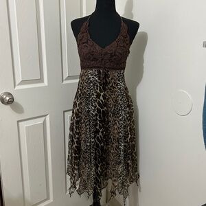 Cache Brown Embroidered Halter Top Dress With Chiffon Animal Print Skirt Size XS